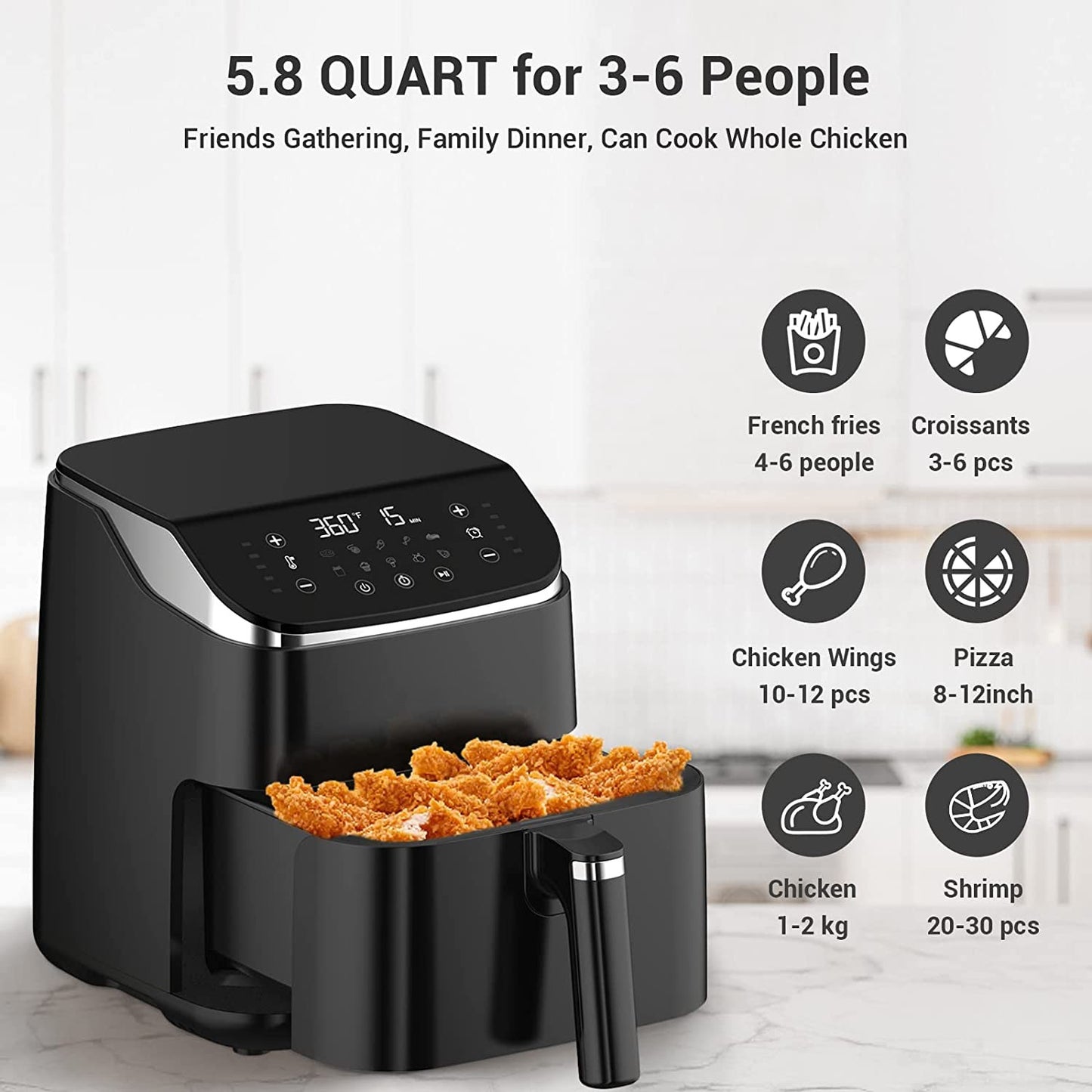 5.8Qt Air Fryer 10-in-1 Digital Air Fryer Hot Oven Cooker With LED Touch Screen Non-Stick 1500W, Black