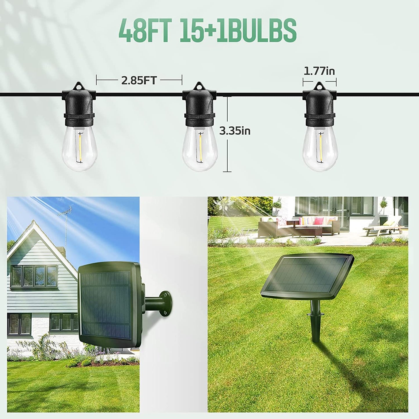48FT Solar Outdoor String Lights With 15 Bulbs S14 Waterproof LED Patio Lights With 4 Lighting Modes For Garden, Party
