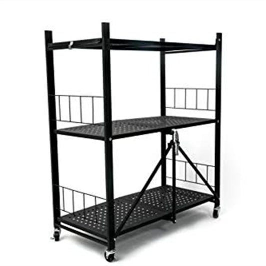 3-Tier Foldable Storage Shelves With Wheels, Metal Folding Organizer Rack