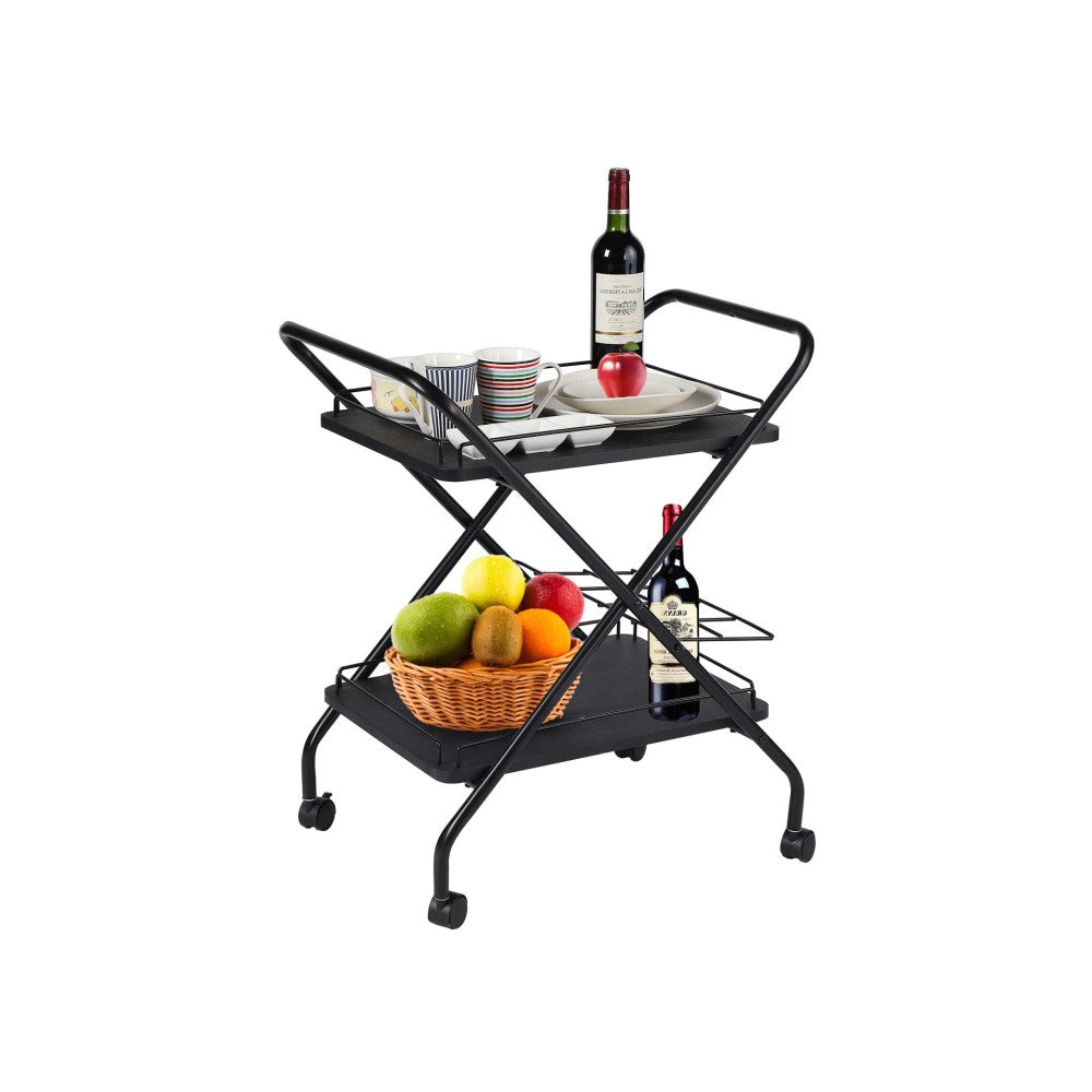 2-Tier Rolling Utility Cart With Wheels, Metal Bar Service Car With Wine Rack, Lockable Wheel Multi-Functional Storage Rack For Bar Office And Kitchen